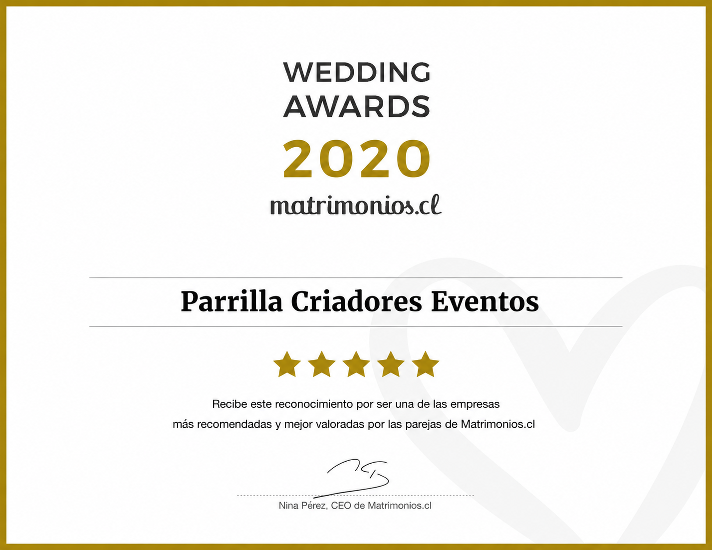 Reconocimiento Matrimonios.cl 2020 de Parrilla Criadores