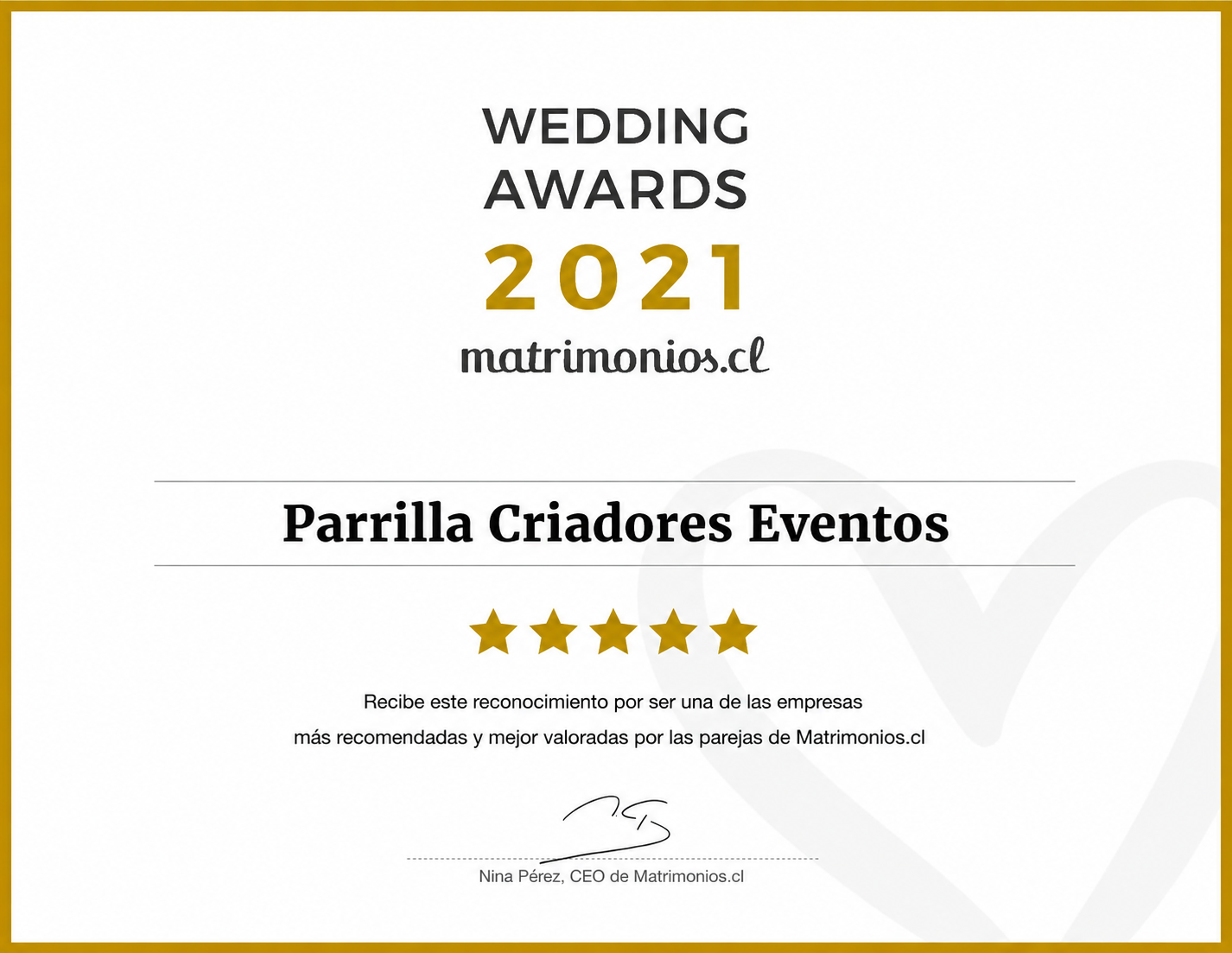 Reconocimiento Matrimonios.cl 2021 de Parrilla Criadores