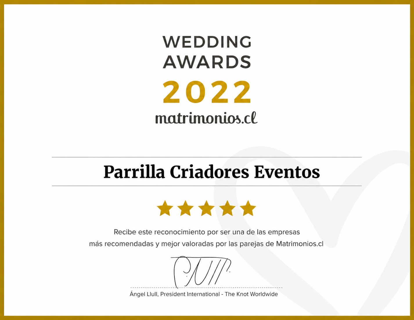 Reconocimiento Matrimonios.cl 2022 de Parrilla Criadores