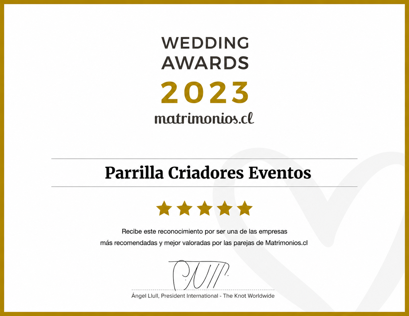 Reconocimiento Matrimonios.cl 2023 de Parrilla Criadores