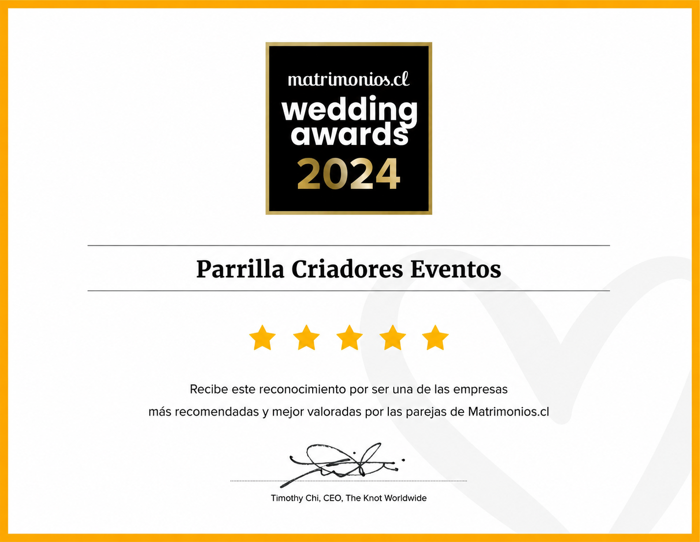Reconocimiento Matrimonios.cl 2024 de Parrilla Criadores