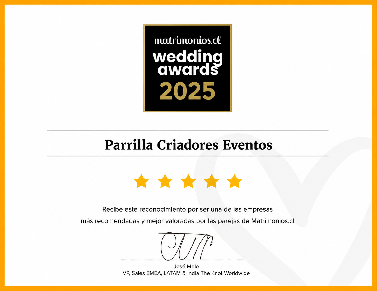 Reconocimiento Matrimonios.cl 2025 de Parrilla Criadores